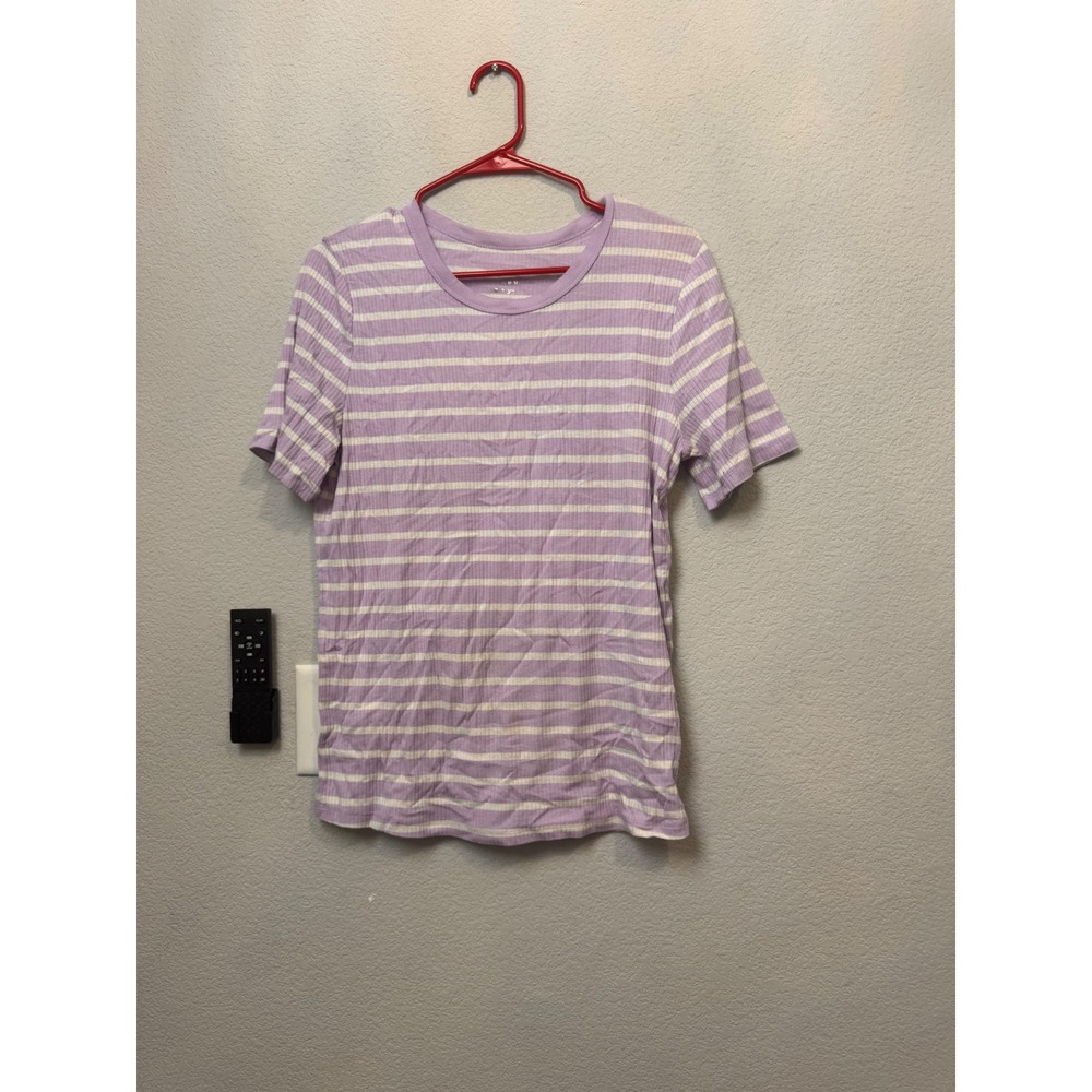 A New Day Women's Striped‎ Ribbed T-Shirt Short Sleeve Purple White Casual Top
